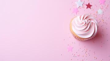 ai genererad en muffin och konfetti rosa bakgrund för en festlig atmosfär foto