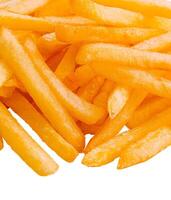 gyllene franska frites potatisar på vit bakgrund foto