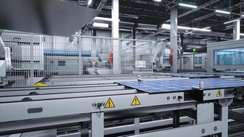 industrialiserad sol- panel fabrik med robot vapen placering solceller moduler på hopsättning rader, 3d illustration. tillverkning anläggning producerar sol- celler för energi industri foto