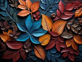 ai genererad dator grafik av abstrakt blommig psychedelic bakgrund stilisering av färgad kaotisk klistermärken i de form av löv foto