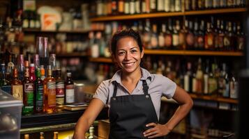 ai genererad stolt kvinna bartender på henne arbetsplats. en ung mörkhårig latin amerikan kvinna stående i främre av bar, självsäker entreprenör, företag ägare. bokeh effekt. ai genererad. foto