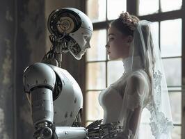 ai genererad robot och kvinnas bröllop dag. android cyborg robot gifter sig en kvinna. mänsklig brud i en vit bröllop klänning. fotorealistisk bakgrund med bokeh effekt. ai genererad. foto