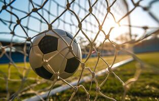 ai genererad fotboll arena, fotboll boll i de stadion, boll i fotboll netto, boll i de mål, närbild. fotboll match, mästerskap, sporter. fotorealistisk, bokeh effekt. ai genererad. foto