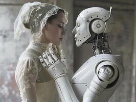 ai genererad robot och kvinnas bröllop dag. android cyborg robot gifter sig en kvinna. mänsklig brud i en vit bröllop klänning. fotorealistisk bakgrund med bokeh effekt. ai genererad. foto