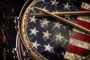 ai genererad trumma snara med amerikan flagga och pinnar foto