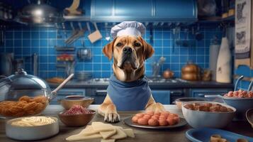 ai genererad labrador retriever hund i kockens hatt och blå förkläde med mängd av mat i de kök. foto