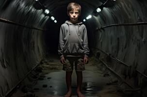 ai genererad modern barn pojke underjordisk bunkra. generera ai foto