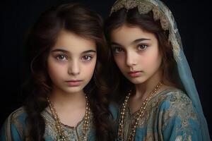 ai genererad leende pakistansk tvilling flickor. generera ai foto