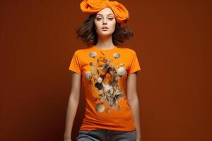 ai genererad orange skjorta kvinna porträtt. generera ai foto