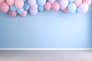 ai genererad ballonger dekoration för födelsedag firande. blå och rosa Färg. foto