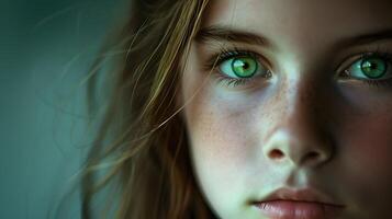 ai genererad närbild av kvinna med grön ögon foto