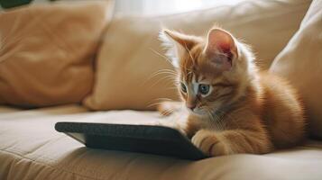 ai genererad en små förtjusande kattunge gazing nyfiket på en läsplatta med dess mycket liten tassar, frammanande en hjärtvärmande scen av inhemsk bekvämlighet och modern teknologi. foto