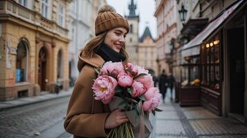 ai genererad en 35-årig kvinna, henne ansikte upplyst förbi en ljus leende som hon graciöst innehar en stor bukett av pioner, henne lång resning och elegant täcka tillsats till de locka av de scen. foto