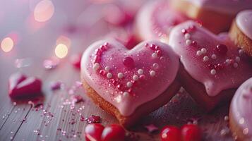 ai genererad delikat dekorerad sötsaker, hjärtformade småkakor Utsmyckad med rosa och röd glasyr, och stänkte med ätlig glitter, frammanande en känsla av roman och flathet. foto