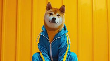 ai genererad en karismatisk fett shiba inu strejker en utgör i en elegant blå träningsoverall, accentuerade förbi djärv gul striping längs de sidor, skapande en filmiska fotografera den där strålar attityd. foto