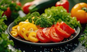 ai genererad färsk vegetabiliska sallad med tomater, gurkor, klocka peppar, lök och basilika på en svart tallrik. foto