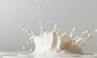 ai genererad stänk mjölk på vit bakgrund stänga upp. häller mjölk foto