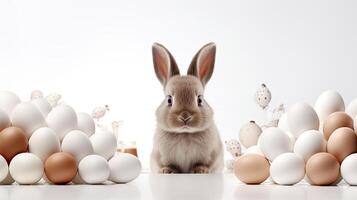 ai genererad en super rolig och söt vit påsk kanin omgiven förbi choklad ägg, perfekt för ett påsk reklam kampanj mot en fast vit bakgrund. foto
