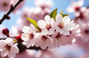 ai genererad vår blommor, blommande träd, sakura grenar, rosa körsbär blommar, solig dag, närbild, makro fotografi foto