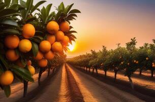 ai genererad orange fruktträdgård, mogen apelsiner hängande på en gren, orange plantager till de horisont, lång rader av orange träd, solig dag, gryning eller solnedgång ljus foto