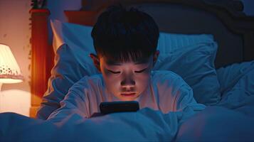 ai genererad en kinesisk pojke uppslukad i hans mobil telefon medan slappa i säng, de mjuk glöd av de skärm belysande hans ansikte, highlighting de locka av modern teknologi i varje dag liv. foto