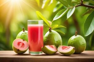 ai genererad en glas av guava juice på en trä- tabell, tropisk guava frukt, grön växter på de bakgrund, guava träd, exotisk trädgård, vitamin c, solig dag foto