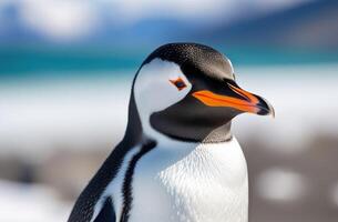 ai genererad värld pingvin dag, vuxen pingvin, närbild, långt norr, snöig kust, isberg i de hav, rike av is och snö, frostig solig dag foto