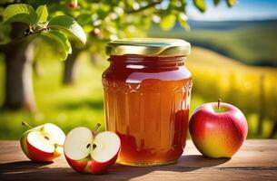 ai genererad grenar av ett äpple träd, ett äpple plantage, en glas burk av äpple sylt på en trä- tabell, en solig dag, mot de bakgrund av ett fruktträdgård av äpplen foto