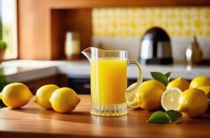 ai genererad nyligen pressas citron- juice på en trä- tabell, en kanna av citrus- dryck, uppfriskande sommar citronsaft, mogen citroner, ljus kök, solig dag foto