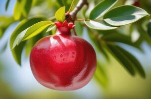 ai genererad närbild, mogen granatäpple hängande från en gren av granatäpple träd, fruktträdgård, granatäpple trädgård, solig dag foto