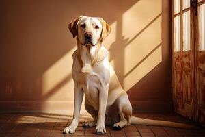 ai genererad porträtt av en vit labrador retriever på en beige neutral bakgrund, beskurna Foto, naturlig ljus. ai konst foto