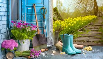 ai genererad sammansättning av trädgårdsarbete verktyg och blommor foto