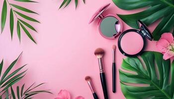 ai genererad sammansättning av skönhet och göra upp kosmetika på rosa studio bakgrund foto