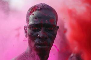 ai genererad man Engulfed i levande holi festival färger. en mannens ansikte är dramatiskt täckt i vibrerande rosa och röd holi pulver, ögon intensiv och fokuserad. foto