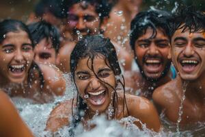 ai genererad glad kvinna stänkte med vatten på holi festival. ung kvinna skrattande som vatten droppar stänk runt om henne under de vibrerande holi festival. foto