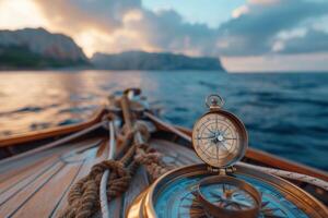 ai genererad årgång kompass på segelbåt däck på solnedgång. en detaljerad se av en årgång kompass på en trä- segelbåt däck, navigerande de hav på solnedgång. foto