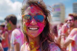 ai genererad glad ung kvinna bär solglasögon fira holi festival. närbild av en leende ung kvinnas ansikte Utsmyckad med färgrik holi festival pulver, utsöndrar lycka. foto