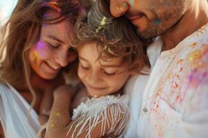 ai genererad familj bindning över holi Färg spela. en familj åtnjuter en närbild ögonblick, ansikten täckt med vibrerande holi färger, strålande glädje och samhörighet. foto