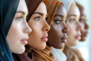 ai genererad olika kvinnor i färgrik huvuddukar närbild. fyra olika kvinnor bär färgrik huvuddukar, representerar enhet i mångfald. foto