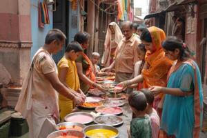 ai genererad familj fira holi med färgad pulver. en familj samlas tillsammans, leende som de spela med färgrik gulal pulver under holi festival. foto