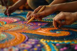 ai genererad vänner skapande färgrik rangoli konst tillsammans. närbild av händer noggrant crafting en vibrerande rangoli, en traditionell indisk konst form under en festival. foto