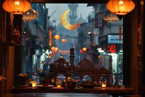 ai genererad invecklad papper konst av islamic arkitektur. en vackert tillverkad papper konst diorama skildrar islamic arkitektur med en halvmåne måne och stjärnor i en natt himmel. foto