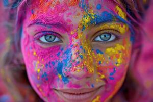 ai genererad glad ung kvinna fira holi festival. närbild av en leende ung kvinnas ansikte Utsmyckad med färgrik holi festival pulver, utsöndrar lycka. foto