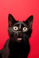 ai genererad svart överraskad katt med stor, fängslande ögon på röd bakgrund. idealisk för kampanjer, bra erbjudanden eller erbjudanden. Bra pris, svart fredag, rabatt. kopia Plats för text. förvånad sällskapsdjur. foto