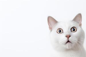 ai genererad vit överraskad katt med stor, fängslande ögon på vit bakgrund. idealisk för kampanjer, bra erbjudanden eller erbjudanden. Bra pris, svart fredag, rabatt. kopia Plats för text. förvånad sällskapsdjur. foto