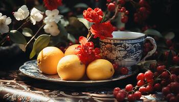 ai genererad färsk frukt och blad på trä- tabell, natur friska gourmet genererad förbi ai foto