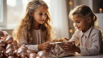 ai genererad två söt flickor leende, fira jul med familj inomhus genererad förbi ai foto