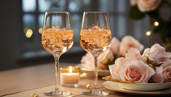 ai genererad romantisk firande inomhus vin, champagne, elegans, ljus, gourmet, kärlek genererad förbi ai foto