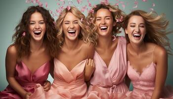 ai genererad ung kvinnor i elegant klänningar fira, leende och skrikande med glädje genererad förbi ai foto