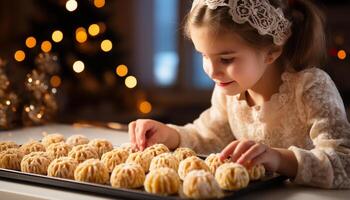 ai genererad söt flicka bakning hemlagad småkakor, njuter ljuv jul tradition genererad förbi ai foto